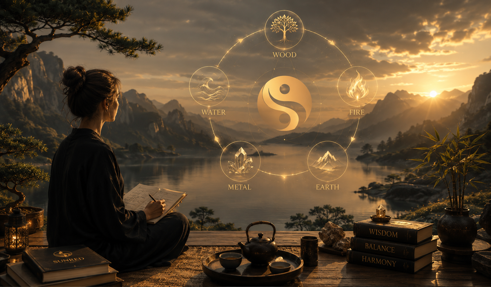 A contemplative mountain landscape with golden Wood, Fire, Earth, Metal and Water symbols surrounding the SUNRED emblem.